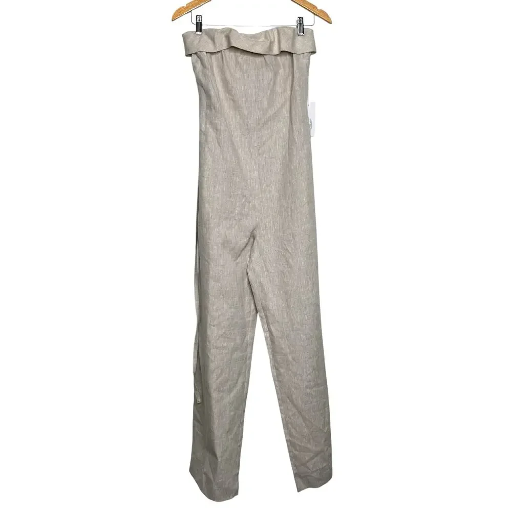 Reformation Oatmeal Size 6 Strapless Jumpsuit Linen Wide Leg Tie Waist Resort